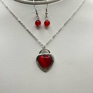 Silver Heart Pendant Necklace and Red Earrings Set